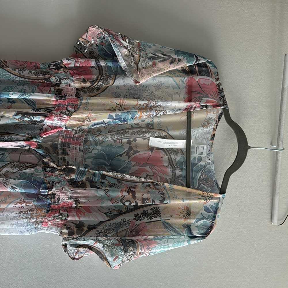 Spring floral duster, tie front, short sleeved, ruffle trim - Picture 3 of 8